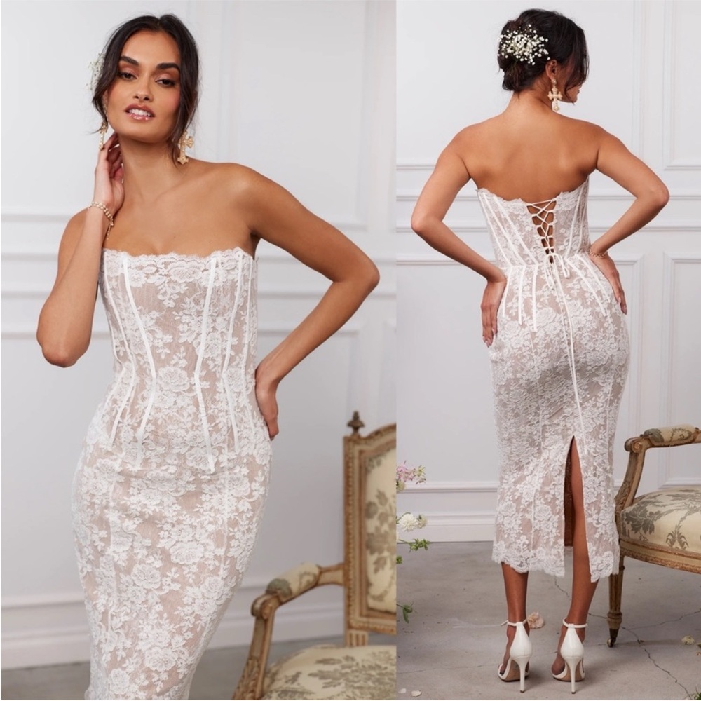 NWT V. Chapman x Revolve - Capulet Bridal Midi Dress in White Chantilly Lace Sz0 - Picture 4 of 8